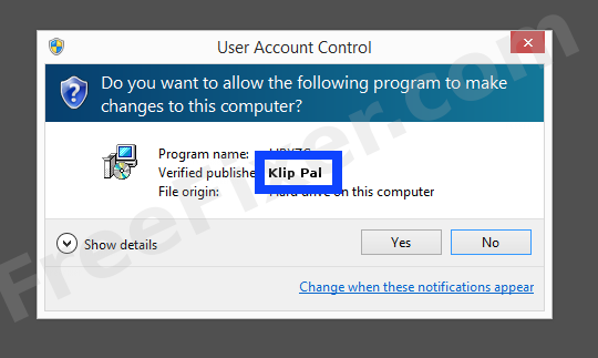 Screenshot where Klip Pal appears as the verified publisher in the UAC dialog